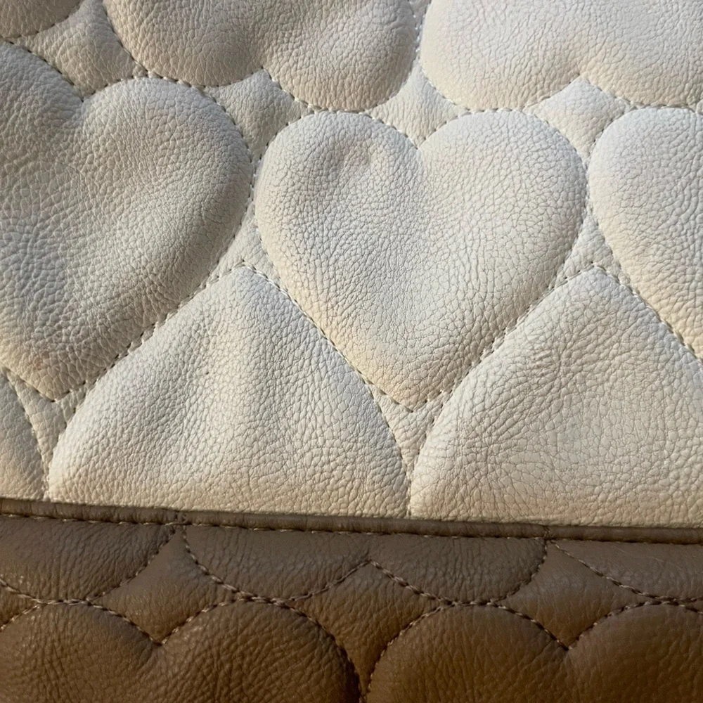 Betsey Johnson Cream and Tan Heart Quilted Bag with Pink Rose - Picture 5 of 9